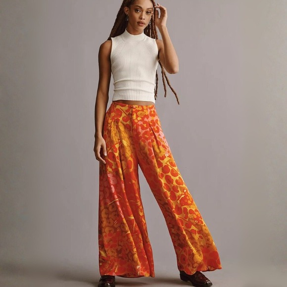 FARM Rio Pants - Farm Rio x Anthropologie Printed Satin Wide-Leg Pants NWT Size L Pink Leopard